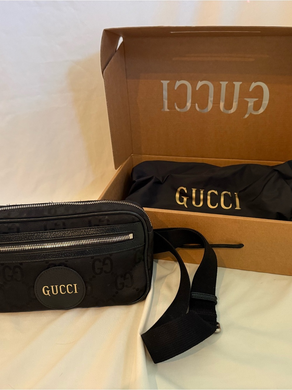 Gucci Black GG Logo Waist/Crossbody Bag with Gold Accent